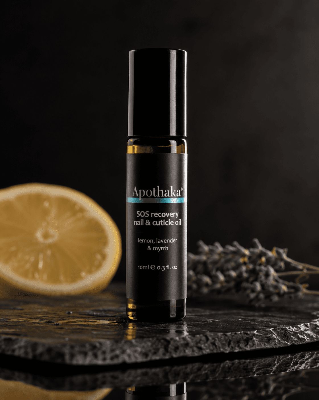 SOS recovery oil — dark editorial AI product photography with lemon and lavender