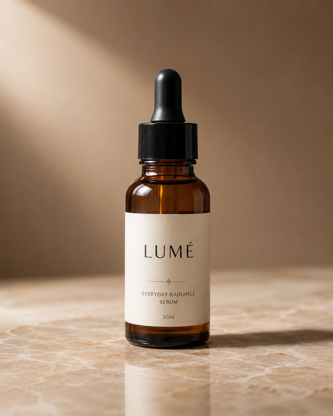 LUMÉ serum — professional AI studio photograph on marble